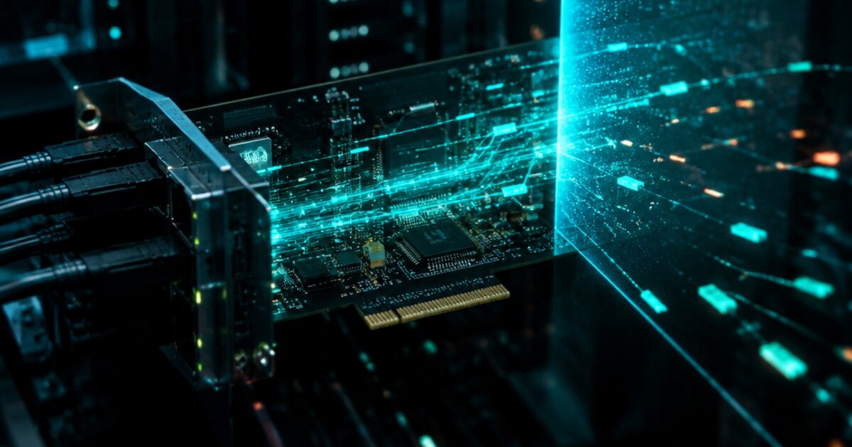A server network card with glowing teal packets filtered by a barrier of light