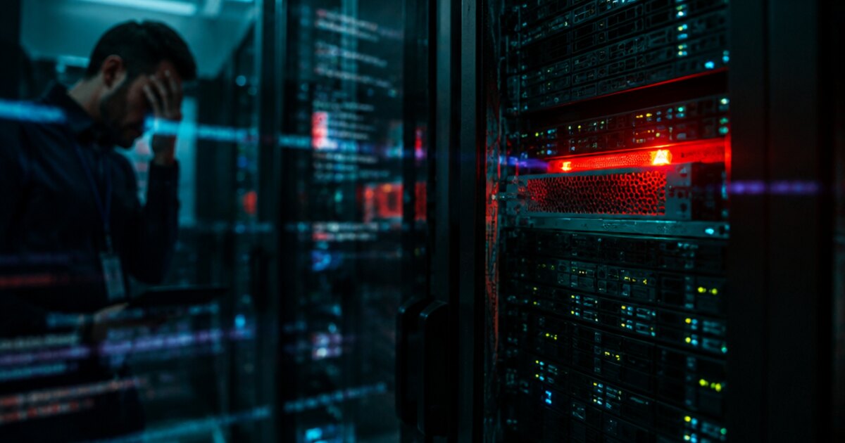 A teal security shield sealing a crack over PHP source code in a dark server room