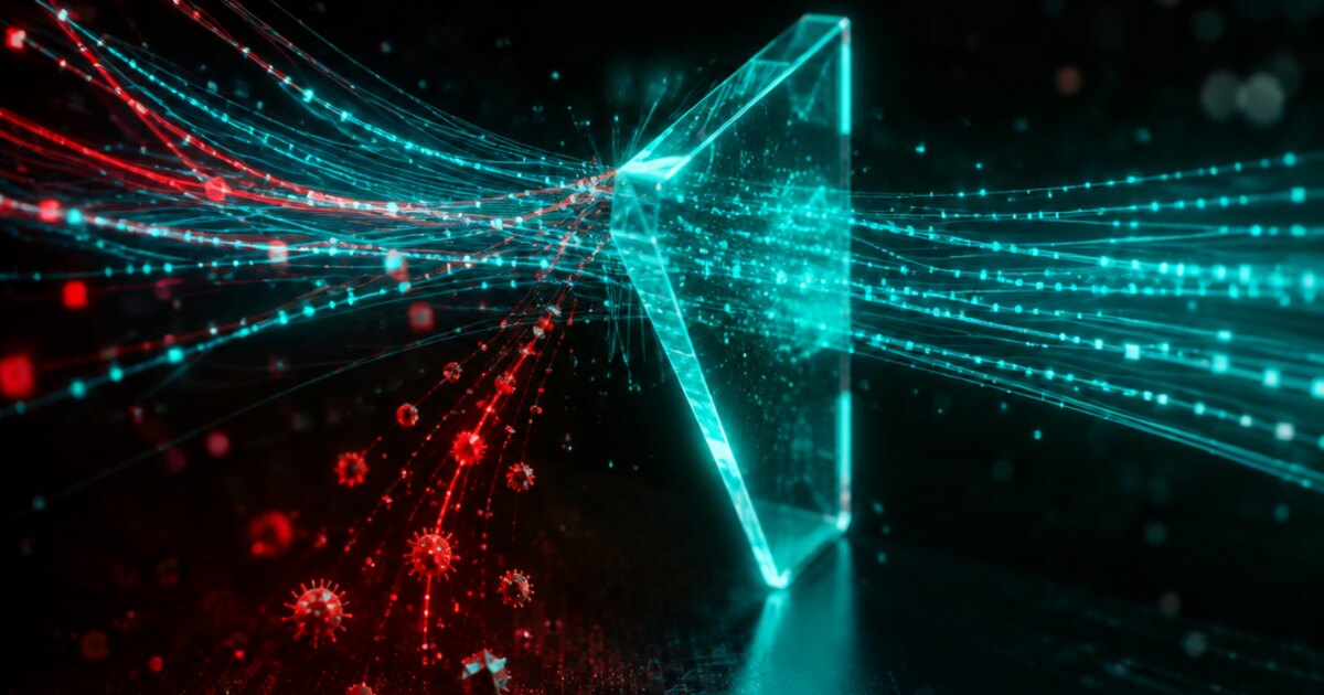 Light streams of HTTP requests passing through a teal analytical prism separating clean from malicious