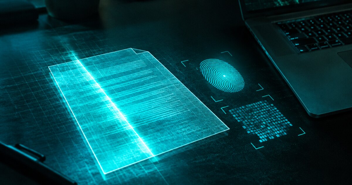 A document of light being scanned by a teal laser grid with a glowing hash fingerprint
