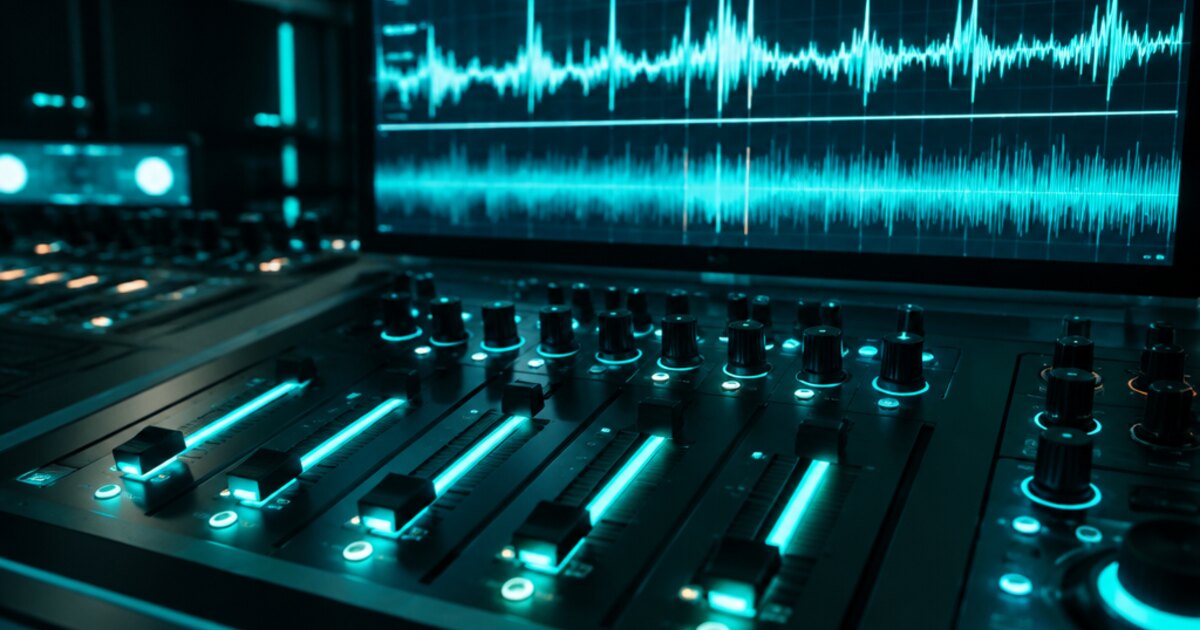 A dark control room console of glowing teal sliders tuning security rules against a waveform