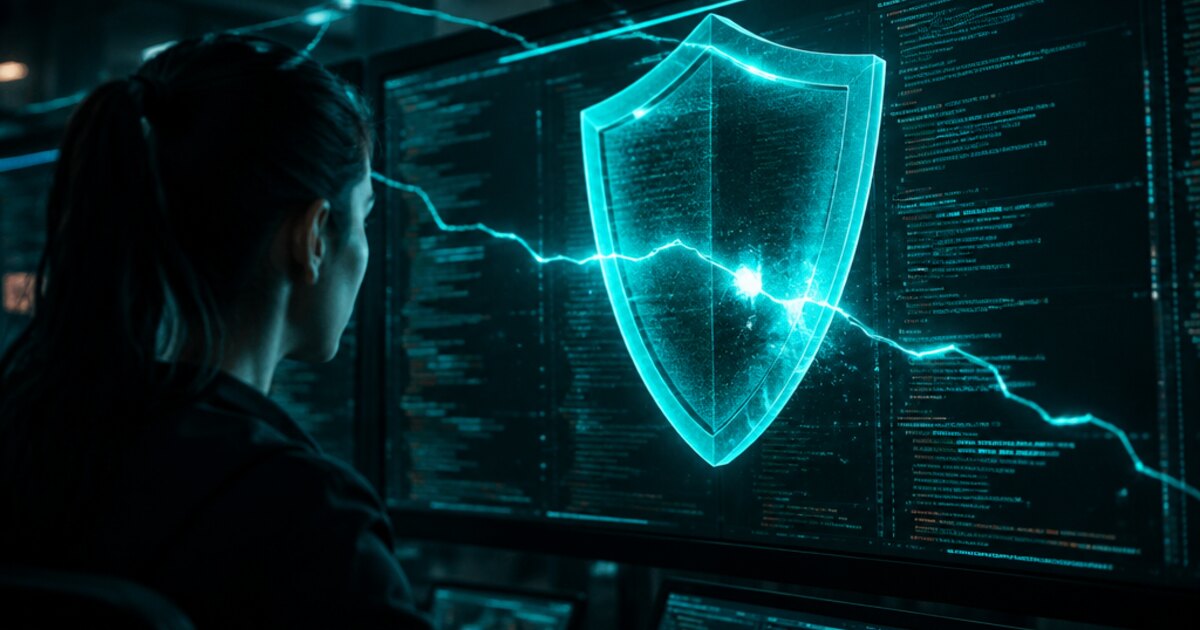 A translucent teal shield patching a glowing crack over source code on monitors